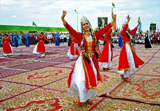 Turkmenia, a turkmen folk dance ensemble performing at the inauguration of the atamurat railway station (kerki) in september 1999.