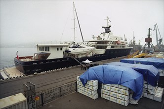 One of chukotka governor roman abramovich's fleet of mega-yachts moored in vladivostok harbor in russia, 2006.