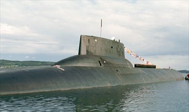 Strategic cruiser submarine 'archangelsk' at the naval review in severomorsk, northern fleet, navy day is marked in this country today, murmansk region, russia, july 27,2003.