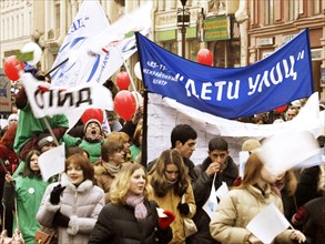 Participants in the 'march for the sake of life' marking the world anti-aids day in the center of moscow, russia, december 1,2003.