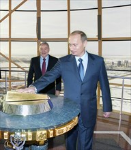 Russian president vladimir putin (r) and kazakhstan president nursultan nazarbayev (l) during the visit to the hall of the 'astana- baiterek' monument, astana, kazakhstan, january 10 2004.