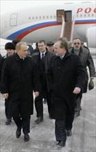 President of russia vladimir putin (l) in borispol airport, he arrived for a two-day working visit and was welcomed by chief of the president's administration of ukraine, viktor medvedchuk, kiev, ukra...