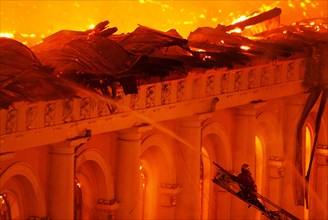April 2004: devastating fire at central manezh exhibition hall, moscow, russia.