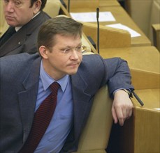 Vladimir ryzhkov, member of the russian federation duma (parliament), at the state duma's plenary meeting, may 2004.