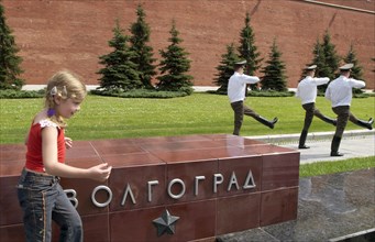 The tomb of the unknown soldier memorial in alexandrovsky garden near the kremlin wall, moscow, russia, 07/ 04, president putin ordered the word 'volgograd' replaced by 'stalingrad' on the black memor...