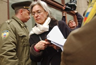 Journalist and human rights advocate, anna politkovskaya appears outside the waiting room of the presidential administration where a protest action 'under siege-2: empty space' was held, the action wa...