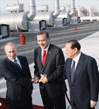 Russian president vladimir putin, prime minister of turkey recep tayyip erdogan and italian prime minister silvio berlusconi attend the official opening ceremony of the blue stream gas pipeline at the...