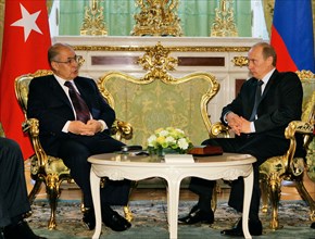 Turkish president ahmet necedet sezer, left, and russian president vladimir putin during their meeting in the kremlin on june 29, 2006, moscow, russia.