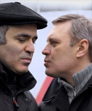 Head of the united civil front, garry kasparov, left, and leader of the russian people's democratic union mikhail kasyanov seen during an opposition protest rally dubbed the 'march of those who disagr...
