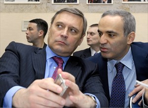 Leader of the russian people's democratic union mikhail kasyanov and leader of the united civil front garry kasparov, l-r, foreground, talk before the other russia organization’s forum in the central ...