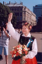 President of latvia vaira vike-fraiberg wearing a latvian national costume, riga, latvia, 2003.