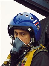 President of the russian federation, vladimir putin, in the cockpit of an su-27 fighter jet which he flew to grozny in chechnya, march 2000.