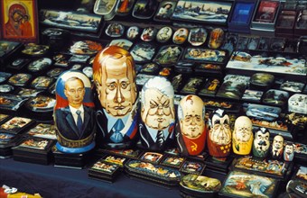 Nesting dolls (matryoshkas) with images of russian and soviet leaders for sale along with laquer boxes, moscow, 2000, czar nicholas, lenin, stalin, khruschev, brezhnev, gorbachev, yeltsin, and putin.
