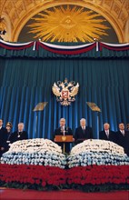 Inaugeration of vladimir putin as the new president of the russian federation at the st, andrew hall of the grand kremlin palace in moscow as former president boris yeltsin looks on, may 7, 2000.