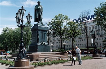 Pushkin square, moscow, june 2000, statue of pushkin by a, m, opekushin which was unveiled 120 years ago.