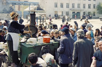 Humanitarian aid in the form of field kitchens set up to help feed the residents of grozny, chechnya, july 2000.