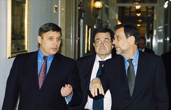 Russian prime minister mikhail kasyanov (left) with romano prodi, president of the european commission, and javier solana, general secretary of the council of the european union, may 2001, moscow, rus...