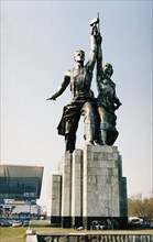 Vera mukhina's sculpture 'worker and collective farm woman' at the all-russian exhibition center (vdnkh) in moscow, russia, 2002.