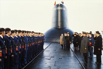 Mikhail gorbachev on board a nuclear submarine during his visit in severmorsk where he was shown soviet northern fleet warships and met with personnel, october 2, 1987.