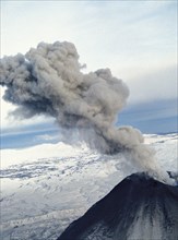 Eruption of karymsky volcano, the second most active after klyuchevsky, kamchatka, russia.