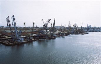 Cargo port on the volga river delta in astrakhan, russia.
