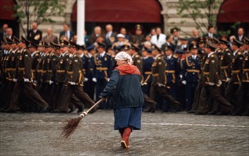 May 8, 1996 - moscow, a charwoman finishes her job in red square prior to the military parade to be held there for the victory anniversary.