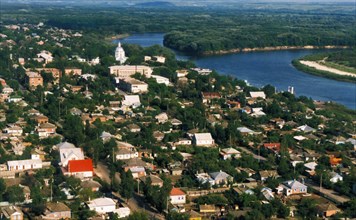 Aerial view of the village of veshenskaya, the birthplace of writer mikhail sholokhov, rostov region, russia.