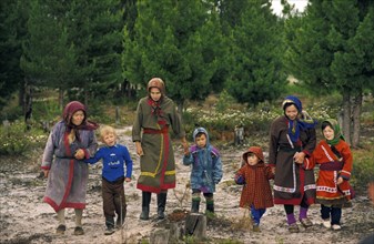 Khanty children visit their parents at a nomadic camp during their summer vacation, tyumen region, siberia, 1997.
