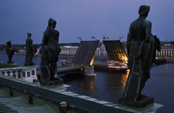Bridge over the river neva at night, st, petersburg, russia, 1997.