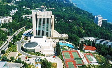 Aerial view of hotel lazurny in sochi, on the black sea coast, krasnodar region, russia.