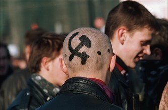 Protesters at all russia trade union - led protest action, march 27, 1997.