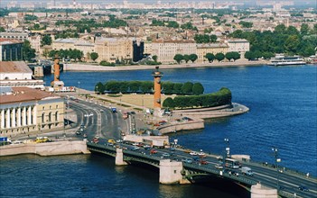 Aerial view of the vasilievsky island spit in st, petersburg, russia, 1990s.