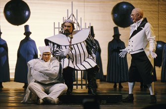 Production of 'love for 3 oranges' at the bolshoi theater, moscow, nov, 1997, (l, to r,) s, gaidy, v, motorin, and a, grigoryev.
