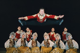 The volzhanka folk dance ensemble performing on stage in yaroslavl, russia.