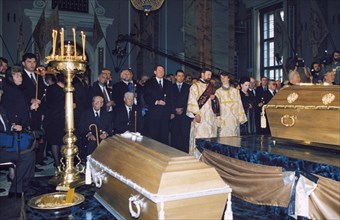 The burial ceremony for the remains of tsar nicholas ll and his family at st, peter and paul cathedral in st, petersburg, russia, 1998.