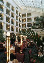 Restaurant of the newly opened aurora-mariott hotel, it's the third mariott hotel in moscow, january 1999.