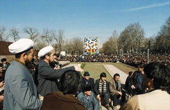 A public prayer meeting for the victims of the riots in dushanbe, tajikistan, february 1990.