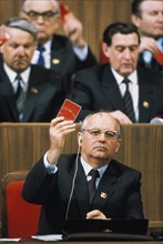 Mikhail gorbachev in the presidium during the adoption of the guidelines for the economic and social developement of the ussr 1986 - 2000, the 27th congress of the cpsu, march 1986.