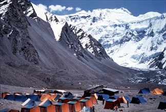 Pamir mountain base camp for climb of 'communism' peak (7495 meters), kirghizia, kyrgyzstan.