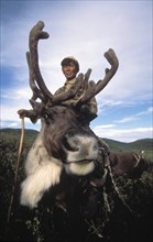 A reindeer breeder riding on a reindeer in the republic of tuva, russia, november 1998.