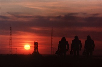 Cosmonauts before the launch of soyuz t-12 at baikonur, 1984.