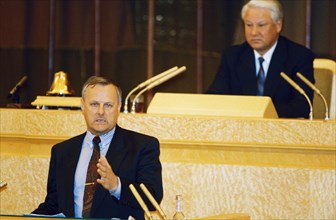 The mayor of st, petersburg, anatoli sobchak speaking at the constitutional conference in moscow on june 10, 1993, behind him is russian president boris yeltsin.
