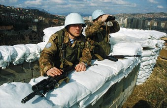 Russian un troops at an observation post in sarajevo, bosnia, april 1994.