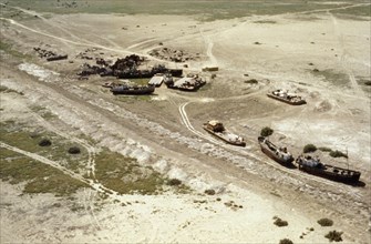 Aerial view of ships left high and dry as the aral sea dried up, 1990s.