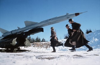Soviet sa-2 (sam-2) surface-to-air missile during military exercises, 1980s.