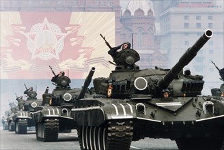 Soviet t-80 tanks at a victory day parade in red square celebrating the 40th anniversary of the end of world war ll, may 9, 1985.