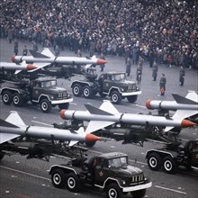 Trucks bearing sa-13 gopher surface -to-air missiles at a military parade in red square on may 9, 1985, moscow, ussr.