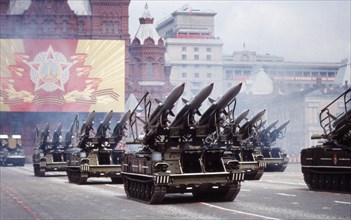 Motorized missile launchers carrying sa-4 surface -to-air missiles at a victory day parade in red square celebrating the 40th anniversary of the end of world war ll, may 9, 1985.