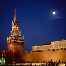 Spasskaya tower of the moscow kremlin at night with moon, 1979.