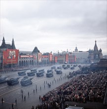 Motorized ballistic missile launchers bearing scud a tactical nuclear missiles at a military parade in red square celebrating the 69th anniversary of the great october socialist revolution on november...